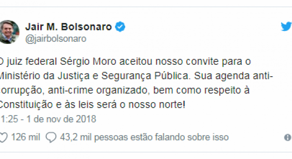 Moro aceita convite para Ministério da Justiça do governo Bolsonaro