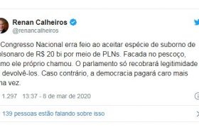 “O Congresso Nacional erra feio ao aceitar espécie de suborno de Bolsonaro”, diz Calheiros