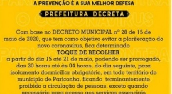 Prefeitura de Pariconha determina toque de recolher até o dia 21 de maio