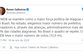 No twitter, Renan Calheiros comenta desempenho do MDB em Alagoas