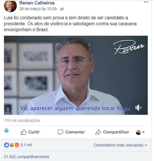Renan é um dos senadores mais influentes nas redes sociais do país