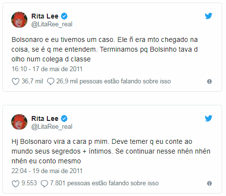Em tweet antigo, Rita Lee diz que já teve caso com Bolsonaro