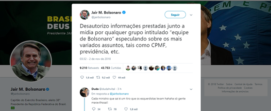No Twitter, Bolsonaro desautoriza matéria do ‘Globo’ sobre CPMF