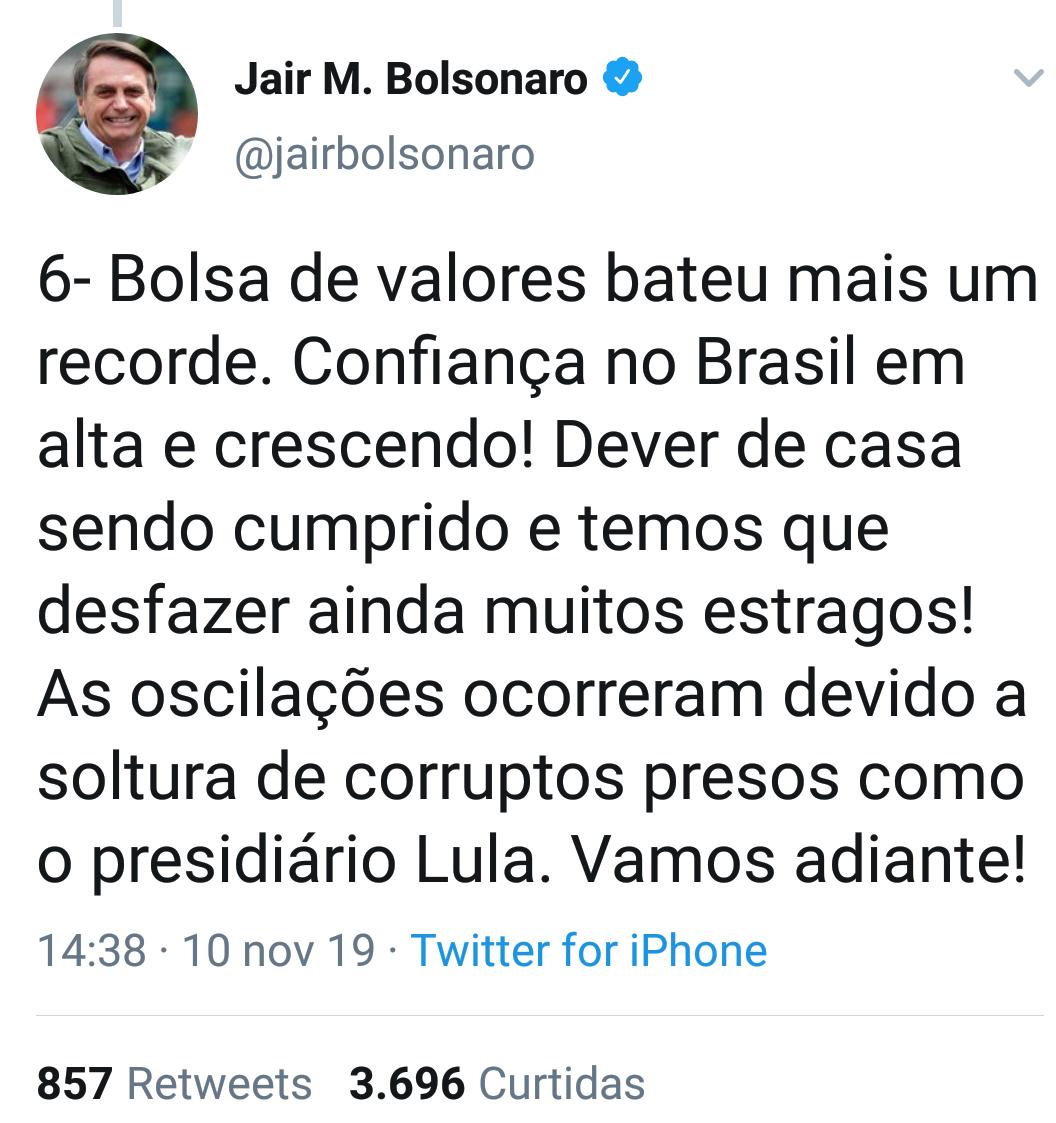 Bolsonaro atribui oscilações na Bolsa com soltura de Lula